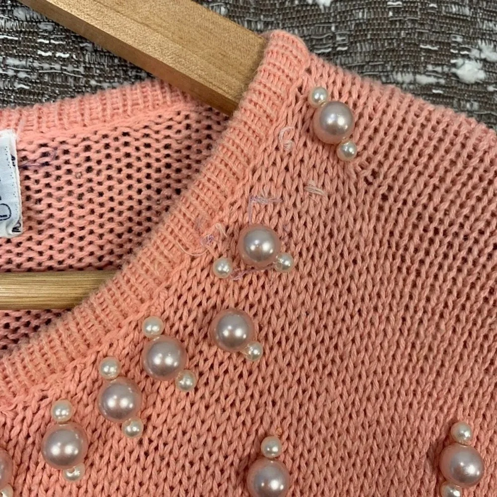 Vintage‎ Dana Scott Pink Knit Beaded Pullover Sweater Preppy Women's Large